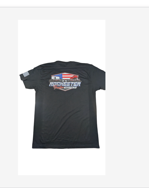 Rochester Trailer Rentals black t-shirt with full logo on the back